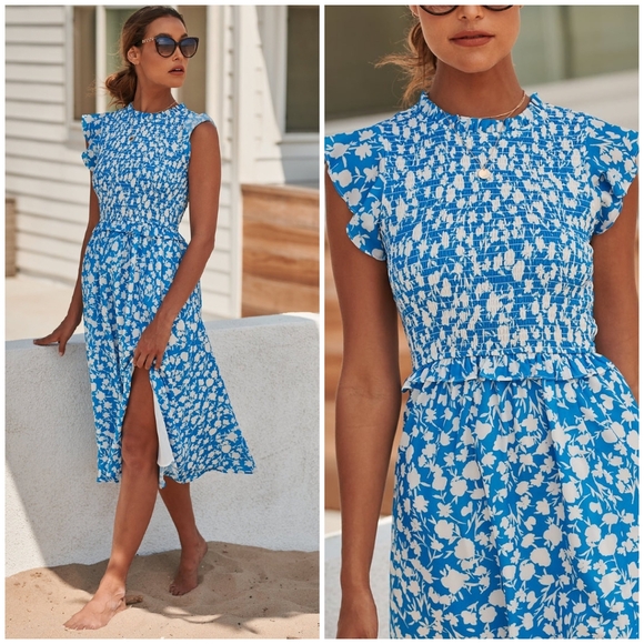 LAST 1❗️SUGARLIPS Palmas Amira Blue Ivory Smocked Midi Dress - Picture 2 of 12